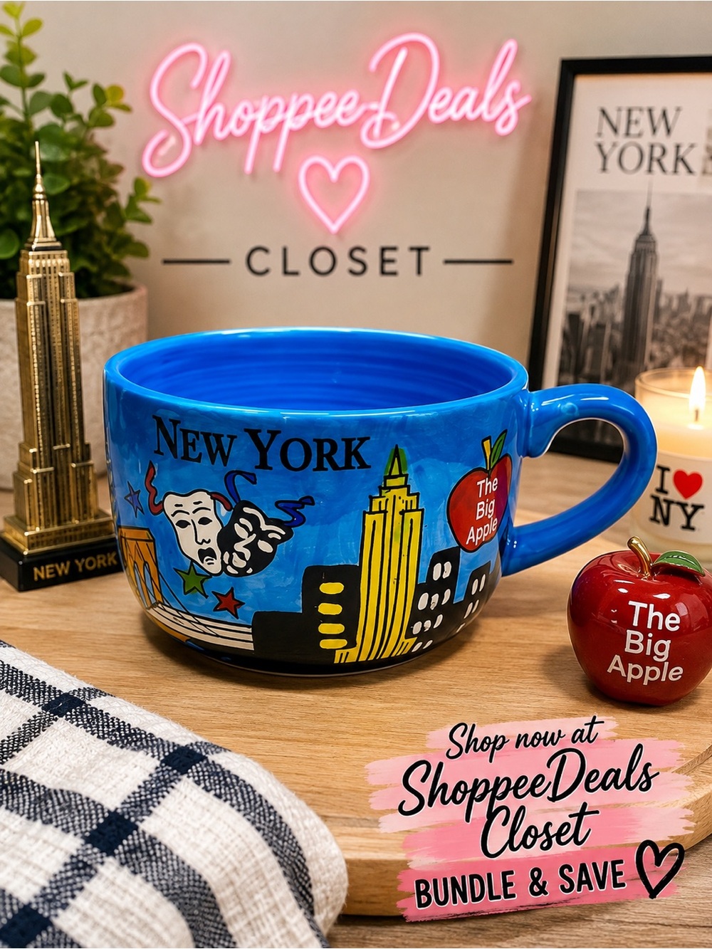 New York City Souvenir Mug Blue Big Apple Times Square Empire State Building